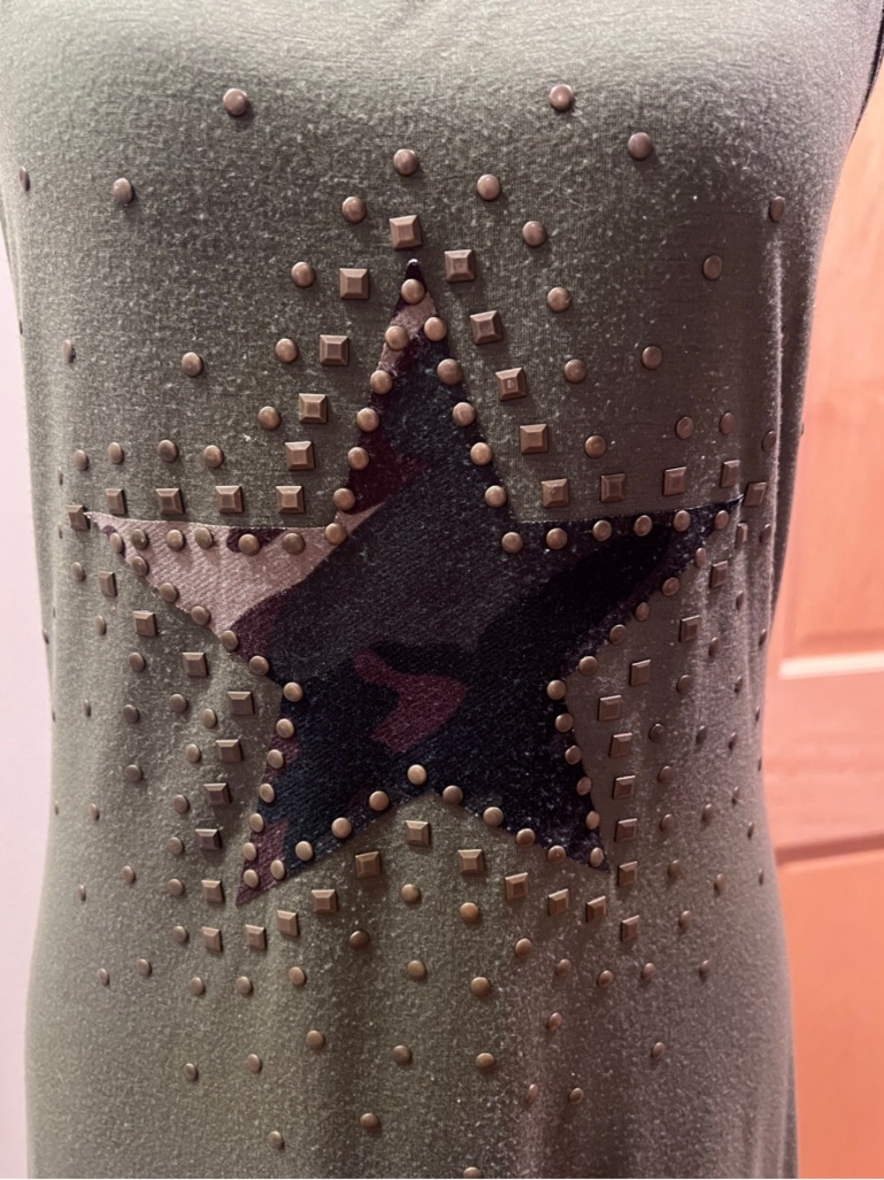 Vintage Olive Green Form Fitting Stretch Racerback Maxi Dress Camo Star Patch M - Picture 4 of 13